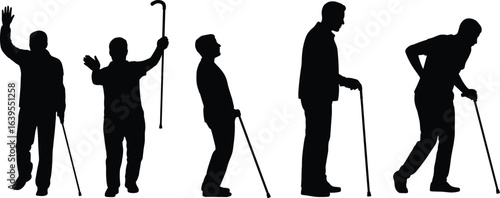 Silhouette of elderly man walking with cane in different poses, health care, mobility, aging, support, rehabilitation, black vector isolated