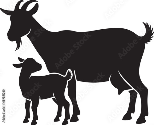 Silhouette of a mother goat standing with her young kid on a white background baby goat animal