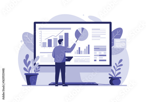A person presents financial data and charts on a large computer screen, analyzing information.