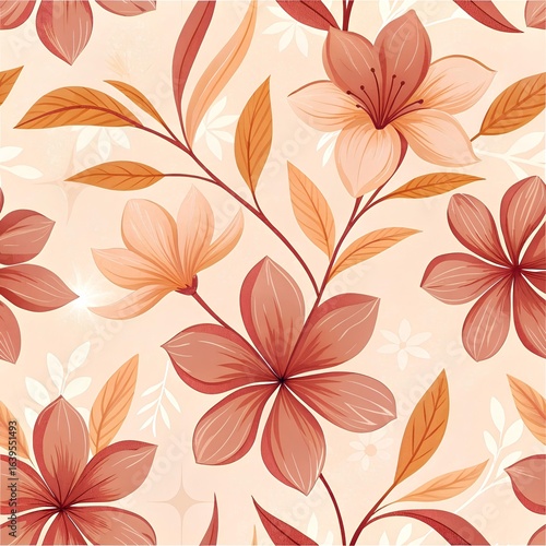 Stylized floral pattern with detailed orange, red, and peach flowers and elongated leaves on a light peach background with subtle motifs