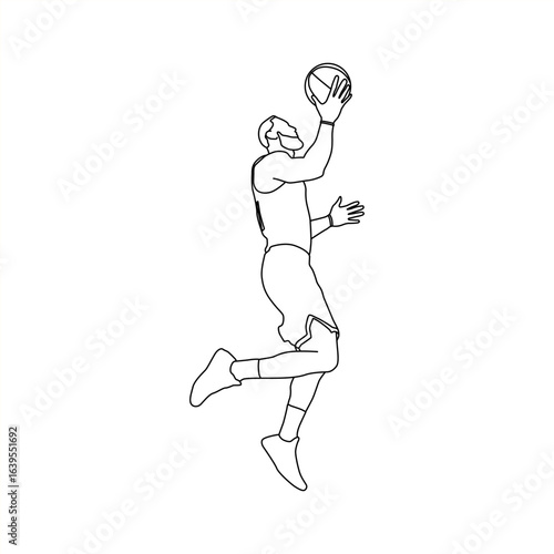 Basketball Player Outline Jumping with Ball, Line Art of Athlete Performing Basketball Layup