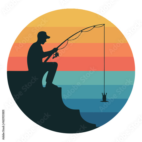 Fisherman silhouette fishing at sunset with retro colors