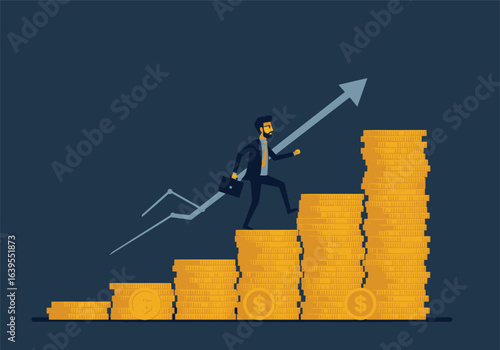 A determined business career builder climbing stairs of stacked gold coins, symbolizing financial growth and investment success