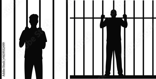 Silhouette of man behind prison bars, jail cell concept, incarceration, imprisonment, criminal justice, confinement, punishment, black and white illustration