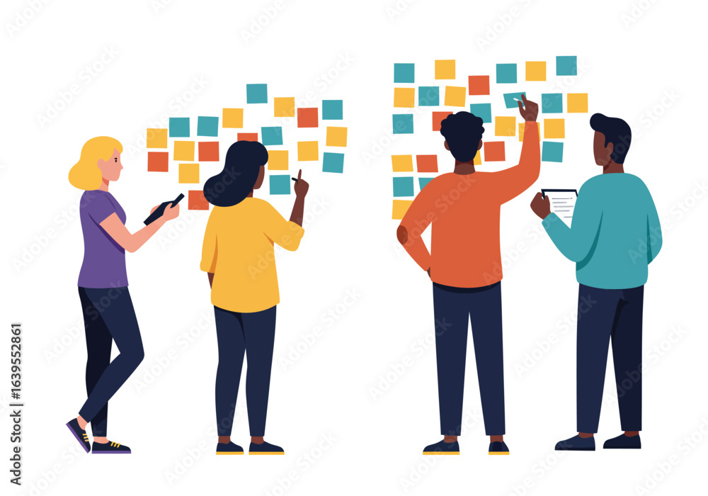 Fototapeta premium Diverse team of creative business professionals brainstorming together, a project builder group using sticky notes for strategic planning on a wall.