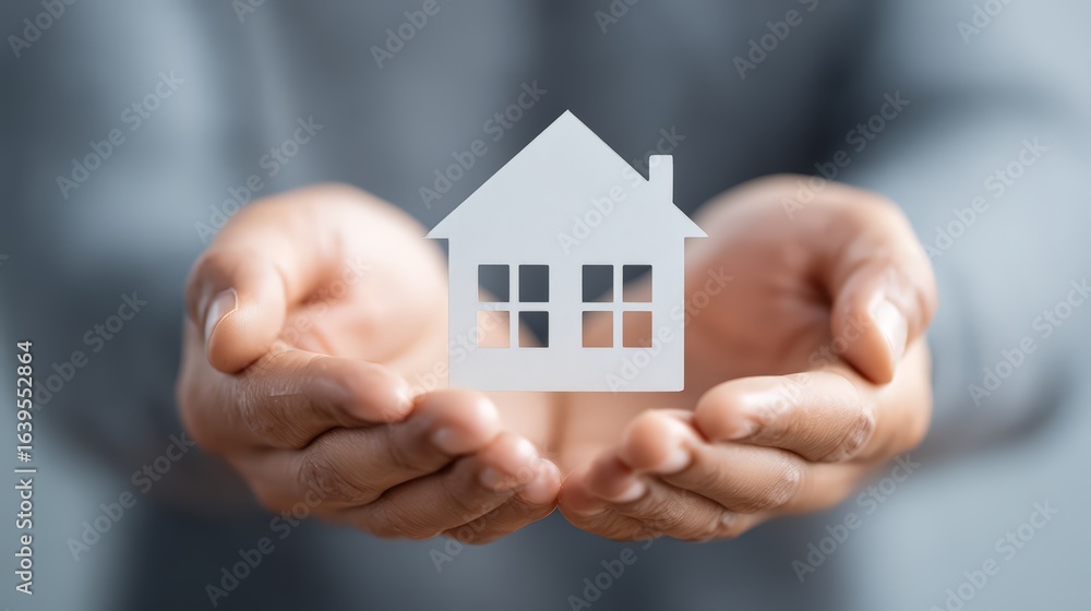 Caring hands holding a symbolic house model, representing home ownership and real estate. Caring hands holding a symbolic house model, representing home ownership and real estate.
