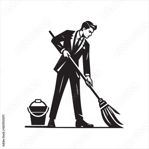 A Suave Businessman Mops the Floor with Bucket Beside Him.