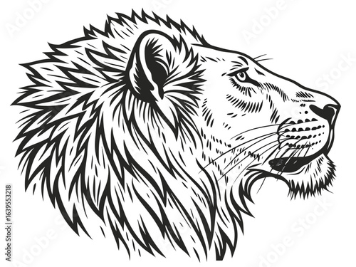 Majestic Lion Head Profile, Vector Graphic Design ,  This striking black and white vector graphic portrays a lion's head in profile view.