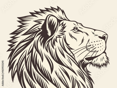 Majestic Lion Head Profile, Vector Graphic Design ,  This striking black and white vector graphic portrays a lion's head in profile view.
