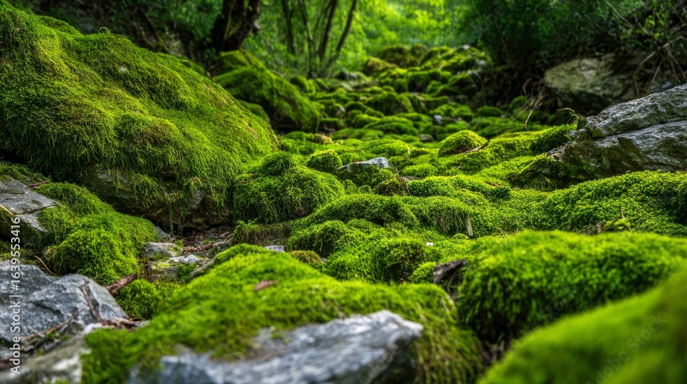 Beautiful bright green moss covering rough stones and forest floor, captured in macro view, showing rich texture and natural details, perfect for nature backgrounds, wallpapers, eco design projects Beautiful bright green moss covering rough stones and forest floor, captured in macro view, showing rich texture and natural details, perfect for nature backgrounds, wallpapers, eco design projects
