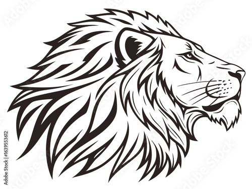 Majestic Lion Head Profile, Vector Graphic Design ,  This striking black and white vector graphic portrays a lion's head in profile view.