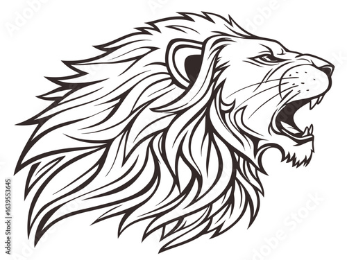 Majestic Lion Head Profile, Vector Graphic Design ,  This striking black and white vector graphic portrays a lion's head in profile view.