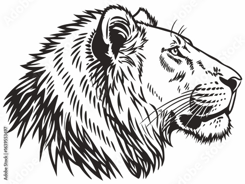 Majestic Lion Head Profile, Vector Graphic Design ,  This striking black and white vector graphic portrays a lion's head in profile view.