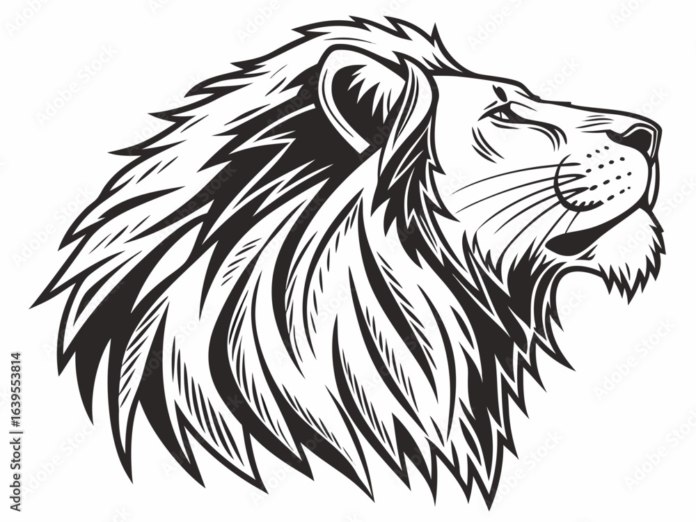 Fototapeta premium Majestic Lion Head Profile, Vector Graphic Design , This striking black and white vector graphic portrays a lion's head in profile view.