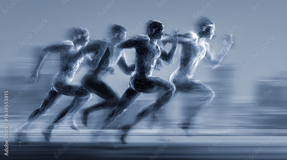 Obraz premium Dynamic motion of runners captured in a blur, symbolizing speed and athleticism.