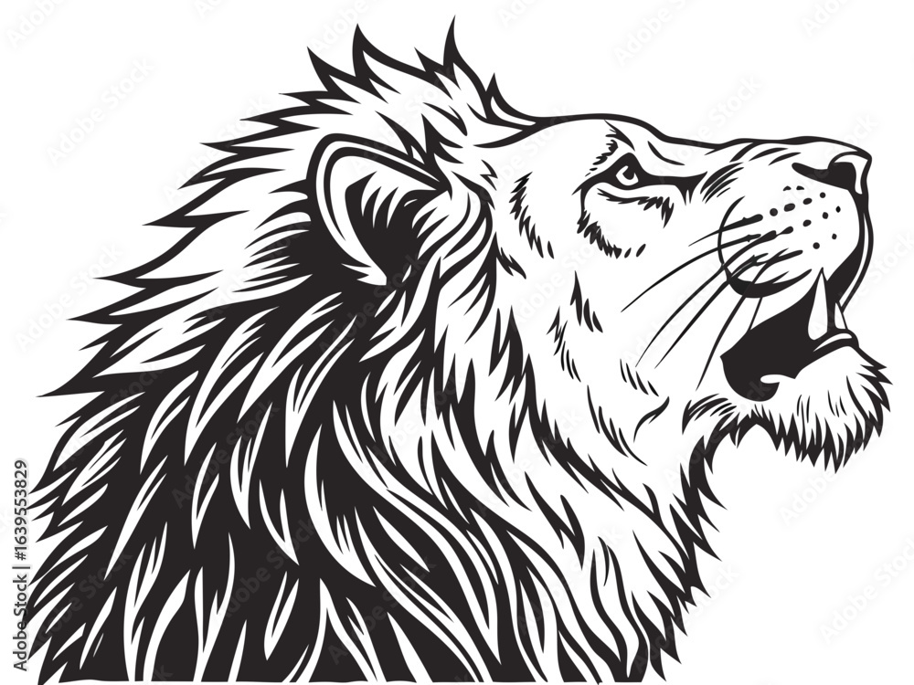 Fototapeta premium Majestic Lion Head Profile, Vector Graphic Design , This striking black and white vector graphic portrays a lion's head in profile view.