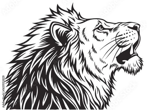 Majestic Lion Head Profile, Vector Graphic Design ,  This striking black and white vector graphic portrays a lion's head in profile view.