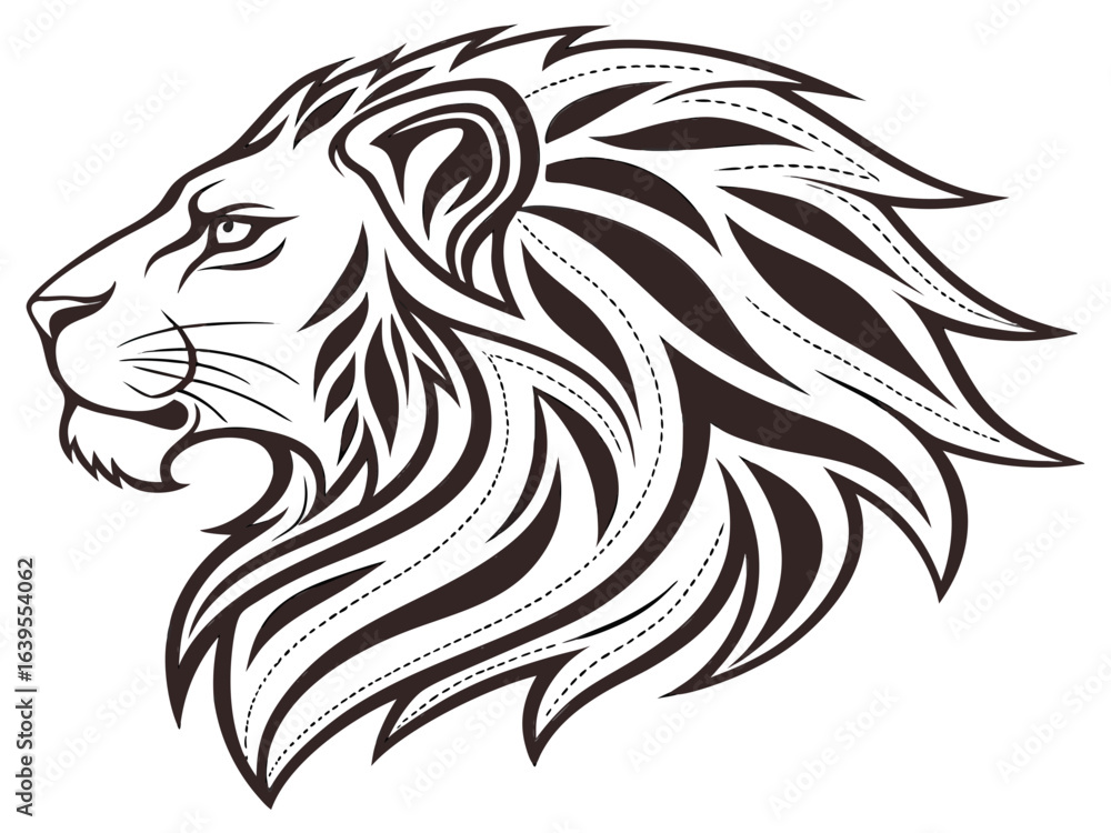 Obraz premium Majestic Lion Head Profile, Vector Graphic Design , This striking black and white vector graphic portrays a lion's head in profile view.