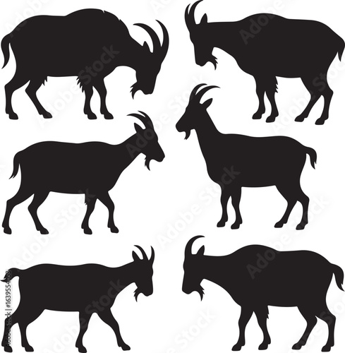 Six goat silhouettes in various poses on a white background animal farm animal