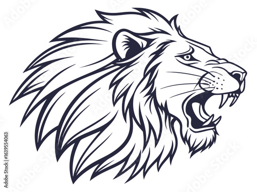 Majestic Lion Head Profile, Vector Graphic Design ,  This striking black and white vector graphic portrays a lion's head in profile view.