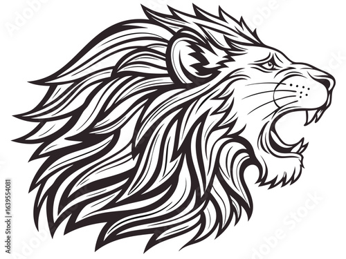 Majestic Lion Head Profile, Vector Graphic Design ,  This striking black and white vector graphic portrays a lion's head in profile view.
