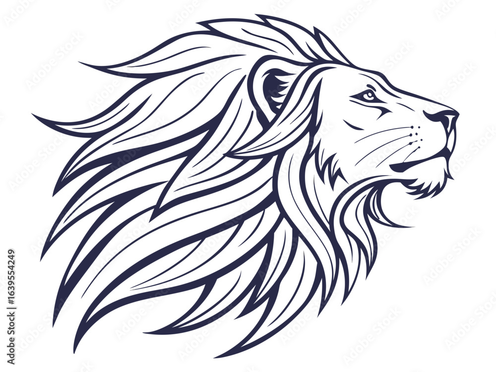 Fototapeta premium Majestic Lion Head Profile, Vector Graphic Design , This striking black and white vector graphic portrays a lion's head in profile view.