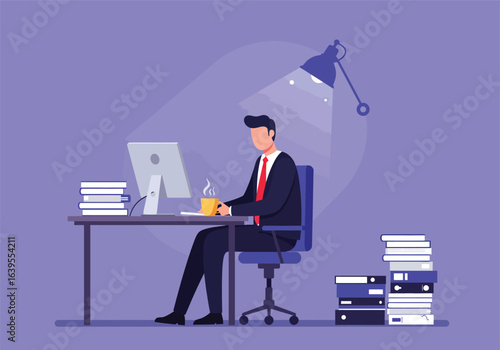 A focused businessman and professional career builder working diligently at his desk late at night, surrounded by paperwork