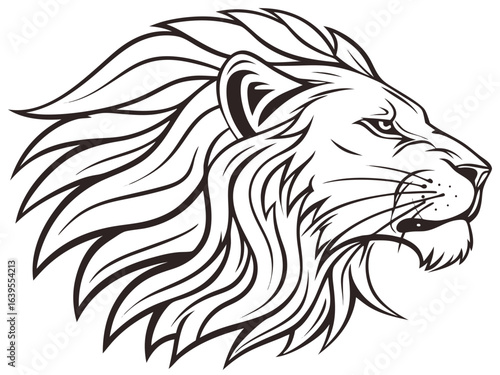 Majestic Lion Head Profile, Vector Graphic Design ,  This striking black and white vector graphic portrays a lion's head in profile view.