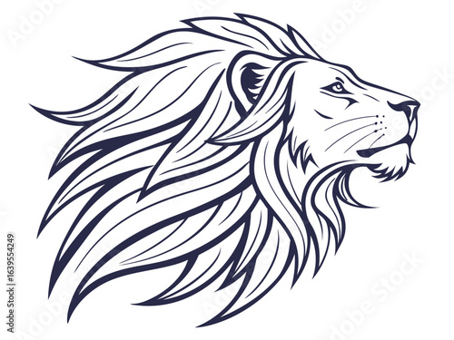 Majestic Lion Head Profile, Vector Graphic Design ,  This striking black and white vector graphic portrays a lion's head in profile view.