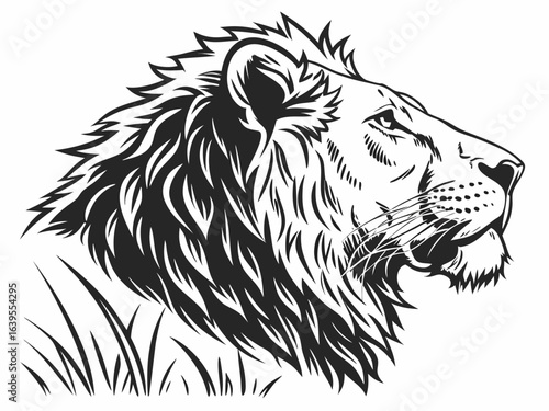 Majestic Lion Head Profile, Vector Graphic Design ,  This striking black and white vector graphic portrays a lion's head in profile view.