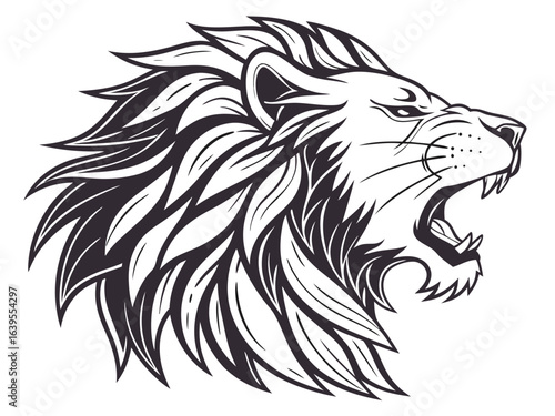 Majestic Lion Head Profile, Vector Graphic Design ,  This striking black and white vector graphic portrays a lion's head in profile view.
