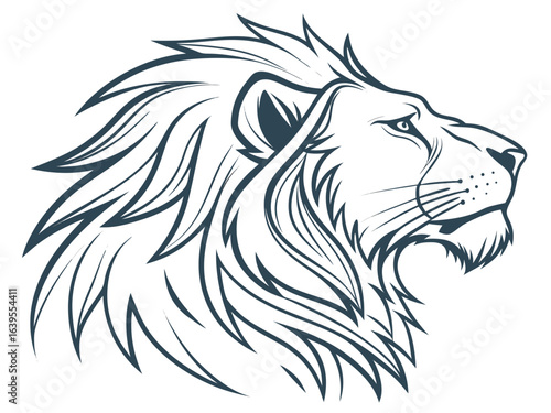 Majestic Lion Head Profile, Vector Graphic Design ,  This striking black and white vector graphic portrays a lion's head in profile view.