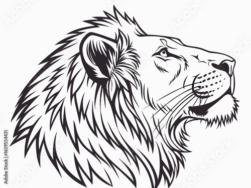 Majestic Lion Head Profile, Vector Graphic Design ,  This striking black and white vector graphic portrays a lion's head in profile view.