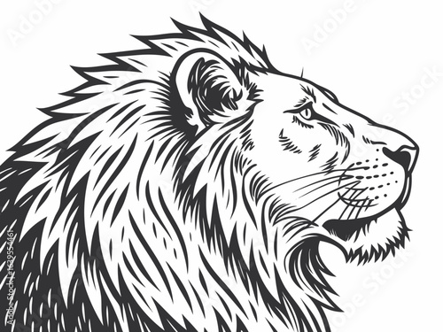Majestic Lion Head Profile, Vector Graphic Design ,  This striking black and white vector graphic portrays a lion's head in profile view.