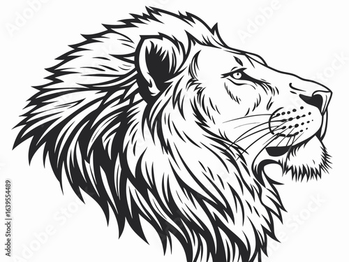 Majestic Lion Head Profile, Vector Graphic Design ,  This striking black and white vector graphic portrays a lion's head in profile view.