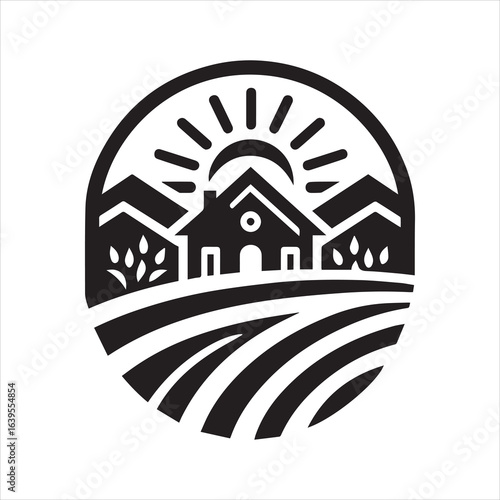Black and white rural landscape logo with sun house and fields.