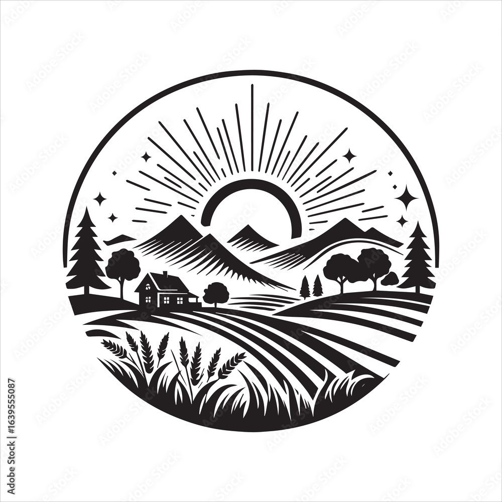 Fototapeta premium Black and White Rural Landscape with Mountains Sunburst House and Wheat Field.