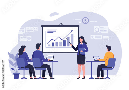 Female team leader, a successful strategy builder, presenting financial growth on a projector screen to colleagues in an office meeting