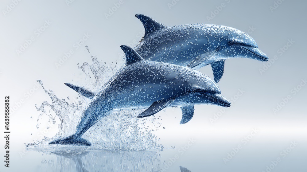 Fototapeta premium Two dolphins leap gracefully above the water, showcasing their agility and playfulness.