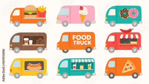 Vibrant collection of nine diverse food trucks offering burgers, coffee, ice cream, donuts, hot dogs, drinks, and pizza, perfect for culinary themes