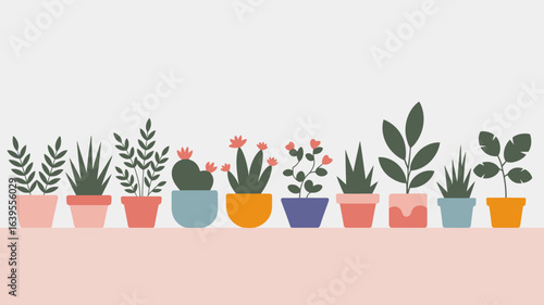 Charming collection of potted houseplants in vibrant, modern planters creating a cheerful, natural display perfect for home decor or wellness themes.