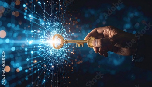 Golden Key In Hand With Digital Light Effect