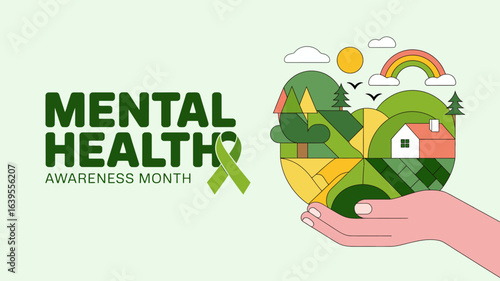 Embrace well-being with this vibrant mental health awareness month graphic featuring a nurturing hand holding a colorful landscape symbolizing hope and healing.