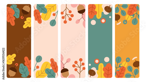 Vibrant autumn leaves and acorns adorn modern vertical banners, perfect for seasonal greetings, social media, or promotional displays
