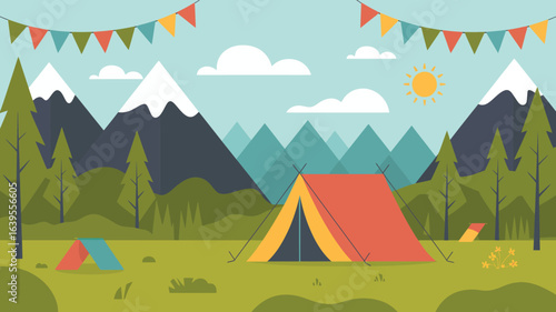 Vibrant mountain campsite scene with colorful tents, trees, and festive bunting under a sunny sky creating an idyllic outdoor adventure atmosphere.