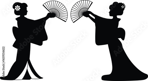 Traditional Japanese women dancing with fans, kimono silhouette art, cultural performance, geisha style illustration, black and white elegance