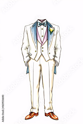 Elegant fashion illustration of a groom in a tailored suit 