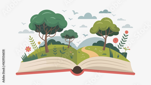 Open book transforms into a vibrant magical landscape with trees, flowers, and a winding path inviting adventure and imagination
