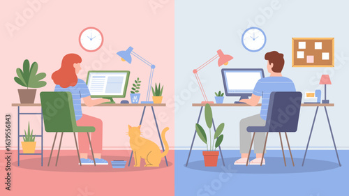 Diverse professionals focused on computers in brightly lit, modern home offices, illustrating remote work and productivity.