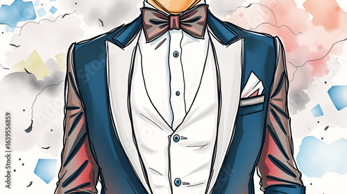 Hand-drawn illustration of a dapper groom in a tailored suit with a bowtie and vest.